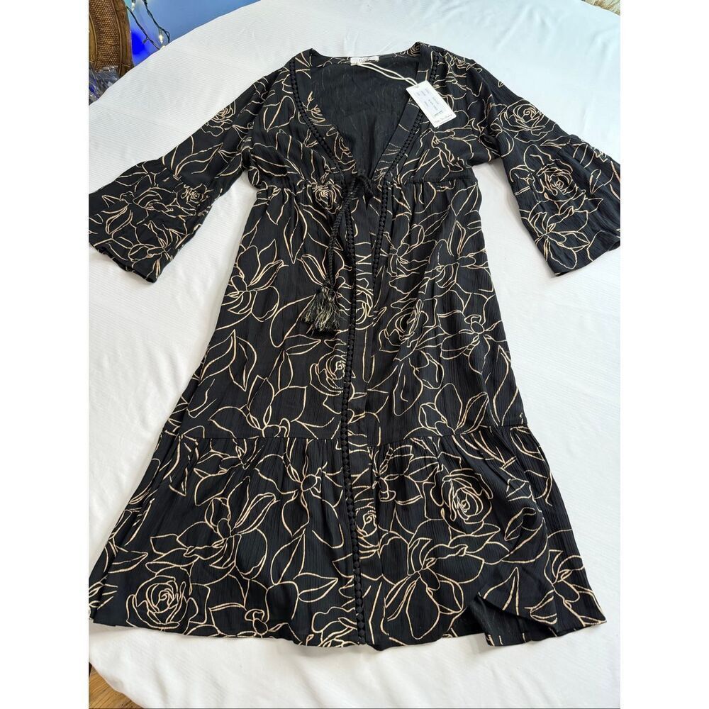 KOY Resort Women’s Small Black Gold Floral Tassel Tie Cover Up Tunic Dress NWT